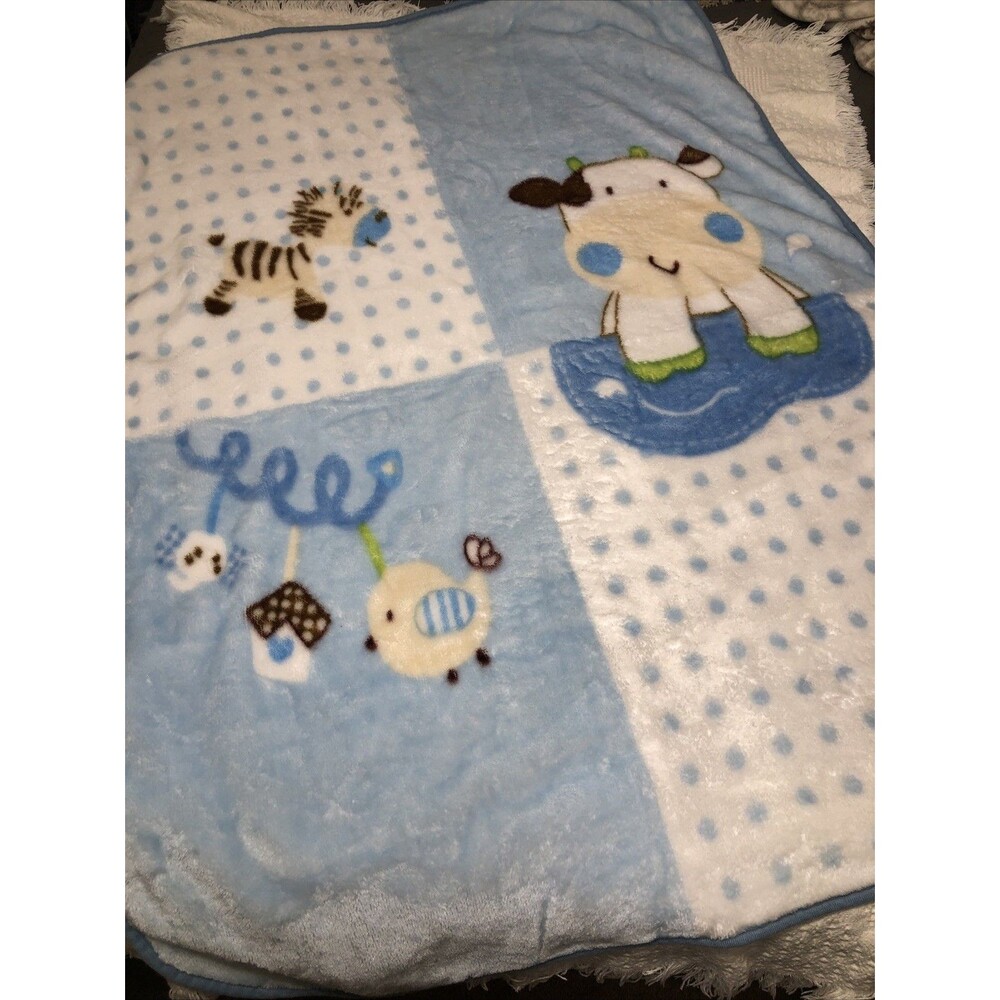 Victoria Blue Baby Boy  Blanket Super Soft Cow Zebra Bird Polka Dots 55” X 41”